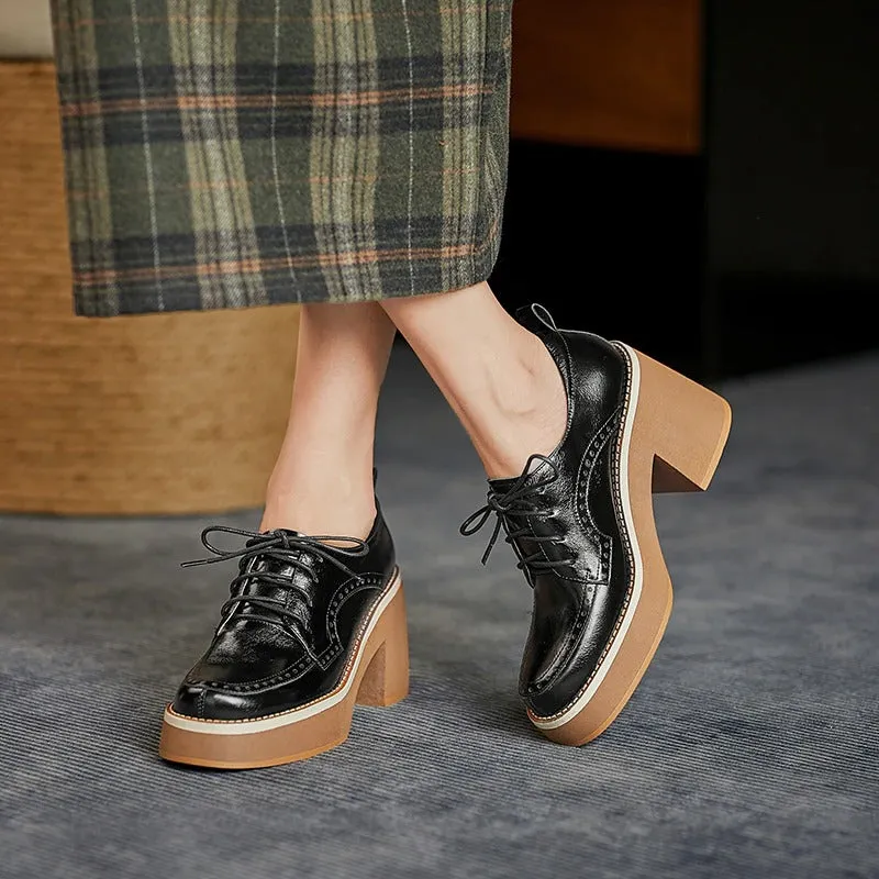 Vintage Thick High-heeled Vegan Leather Lace-up Brogues Shoes